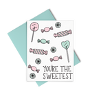 You're The Sweetest is a cute thank you card with illustrated candies and a blue envelope.