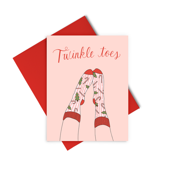 a greeting card saying 'Twinkle toes' in red cursive; a drawing of someone wearing christmas socks covered in christmas trees and candy canes.