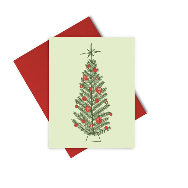 a greeting card with a green christmas tree with red ornament half of them saying 'fuck it' on it.