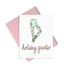 a greeting card in pink cursive saying 'holiday pants!' a drawing of green pants with ginger bread, snowmen, trees, lights and holly.