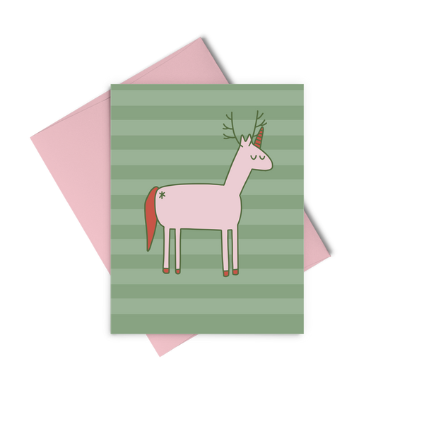 a greeting card with a pink unicorn with antlers; red horn, tail and hooves. 