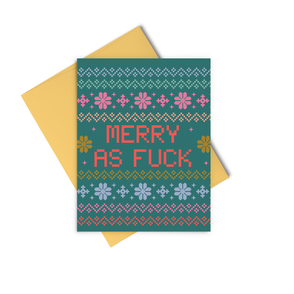 Teal "Merry As Fuck" greeting card in an ugly Christmas sweater design in blues, greens, olive, red, & pink