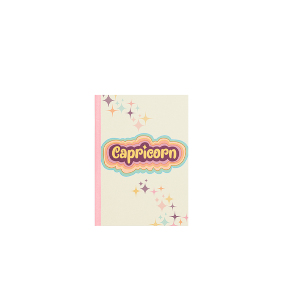 A multicolored Capricorn notebook with simple stars printed diagonally across the cover from the upper left corner, going down to the lower right corner.  