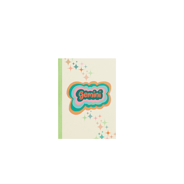 A multicolored Gemini notebook with simple stars printed diagonally across the cover from the upper left corner, going down to the lower right corner.