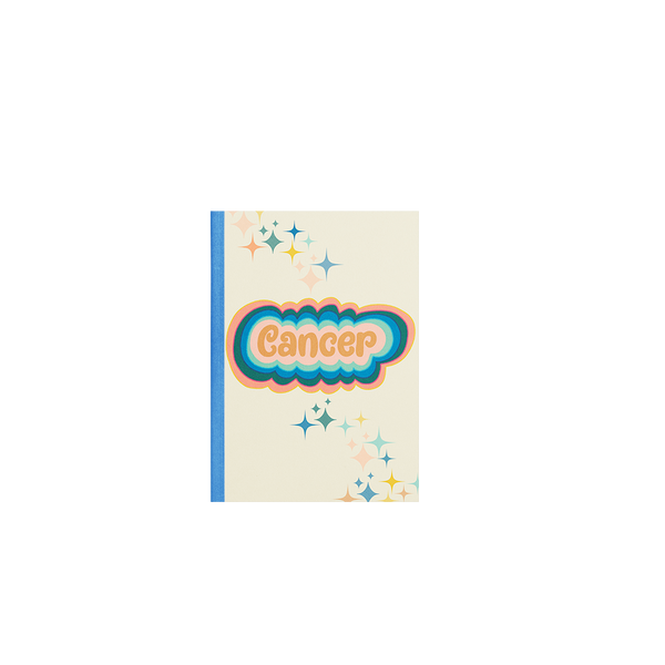 A multicolored Cancer notebook with simple stars printed diagonally across the cover from the upper left corner, going down to the lower right corner.