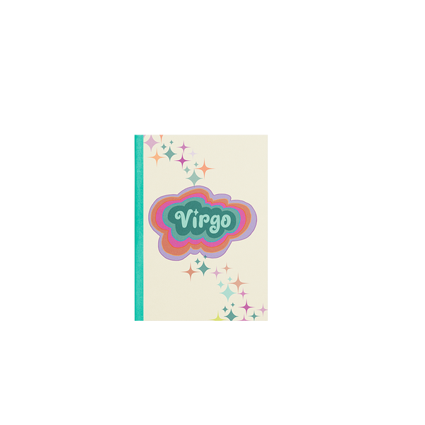 A multicolored Virgo notebook with simple stars printed diagonally across the cover from the upper left corner, going down to the lower right corner.