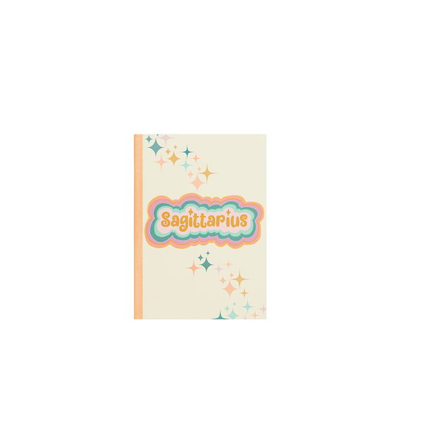 A multicolored Sagittarius notebook with simple stars printed diagonally across the cover from the upper left corner, going down to the lower right corner.
