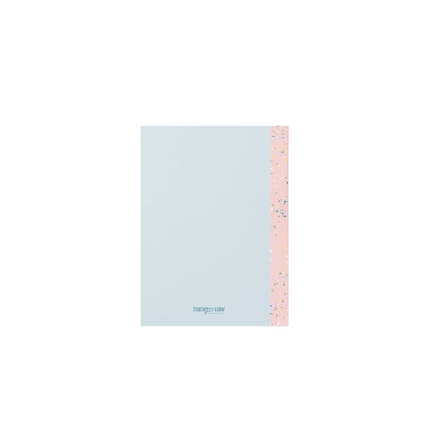 Back cover of a small light blue notebook with a patterned pink binding