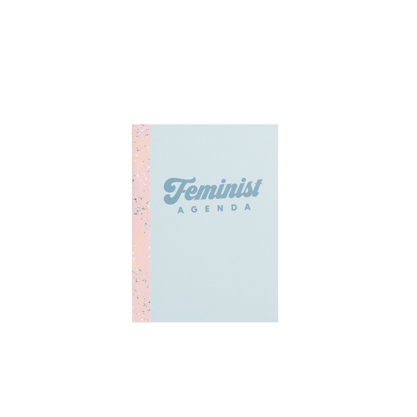A small light blue notebook with Feminist Agenda written on the cover and a patterned pink binding