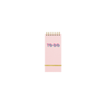 Small pink taskpad with a metallic gold elastic closure and To Do written on the cover