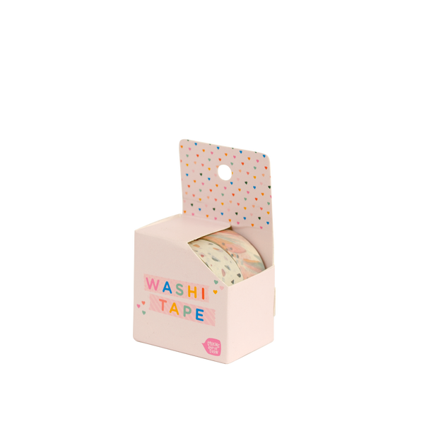 A washi tape display box with a multicolored Terrazzo designed roll of tape and an abstract, multicolored designed roll.