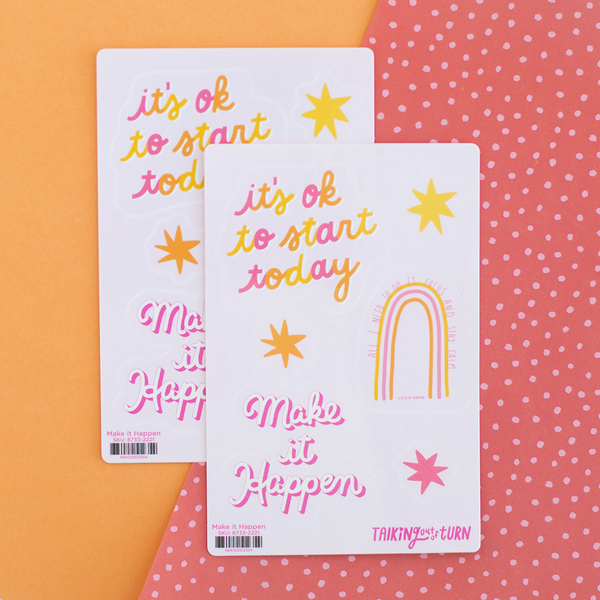 Two "Making it happen" sticker sets with an "It's ok to start today" sticker, a "Make it happen sticker, some star stickers, and a rainbow arch sticker. Color scheme of stickers are orange, yellow and pink.