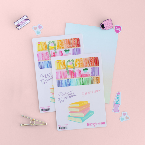 A sticker set with multicolored book shelf stickers, multicolored books stickers, a "Reading is Fundamental" sticker, and a "Shhhhh" sticker.