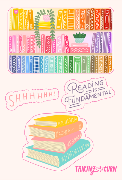 A sticker set of library books, "shhhhh", reading is fundamental and a stack of books.