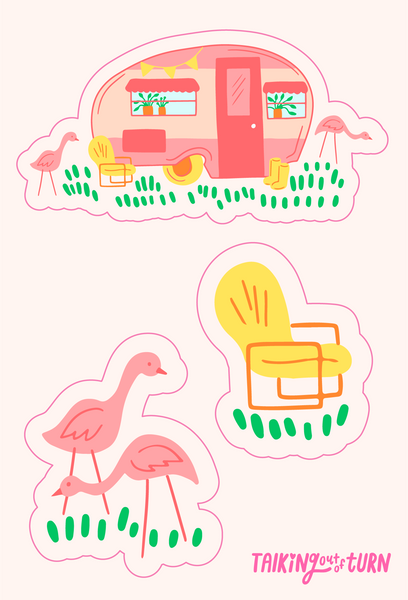 A sticker sheet with a camper, camper chair and flamingos! 