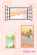 A sticker set of windows with three different landscapes.