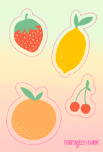 A sticker set of fruit! A strawberry, a lemon, an orange and a cherry stem! 