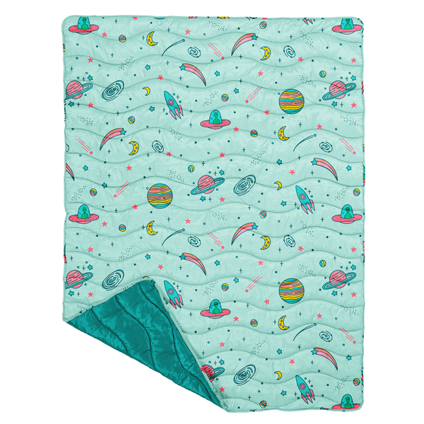 puffy quilted blanket with planets, stars and spaceships on it with a teal solid backside