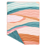 puffy quilted blanket in a pastel and teal swirl pattern with solid teal on the backside