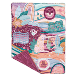 A multicolored, gem-toned terrazzo and succulent printed blanket with a set of hearts, a cat-like animal, and phrases "Daydreamers Club," "You got whatever it is," "The sun always rises," "Yas Queen," and "What day is it?" printed on. Back side is a jewel-toned purple.