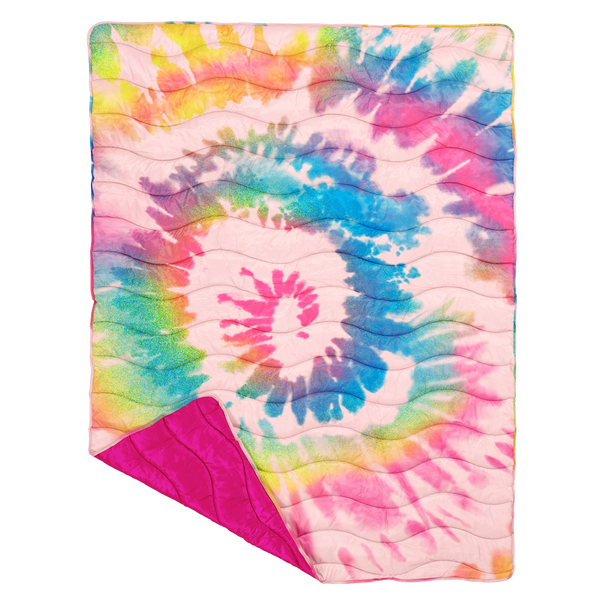 puffy quilted blanket with a coloful tie-dye pattern with solid bright pink backside