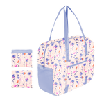 a ripstop bag with periwinkle straps and floral pattern 