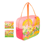 large ripstop travel bag in pink with floral and swirl print in pink, yellow and orange with orange handles and folds into it's own pouch