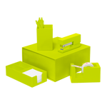 Citron stapler, tape dispenser, utility tray, and pen cup with three citron pens all stacked on top of a matching citron box.