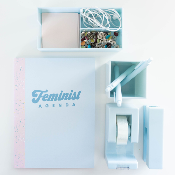 Image of a powder blue desk set surrounding a light blue notebook with the text "Feminist Agenda"