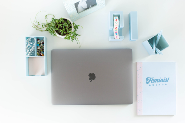 Image of a powder blue desk set surrounding a laptop. There is a green plant and a light blue notebook with the text "Feminist Agenda"