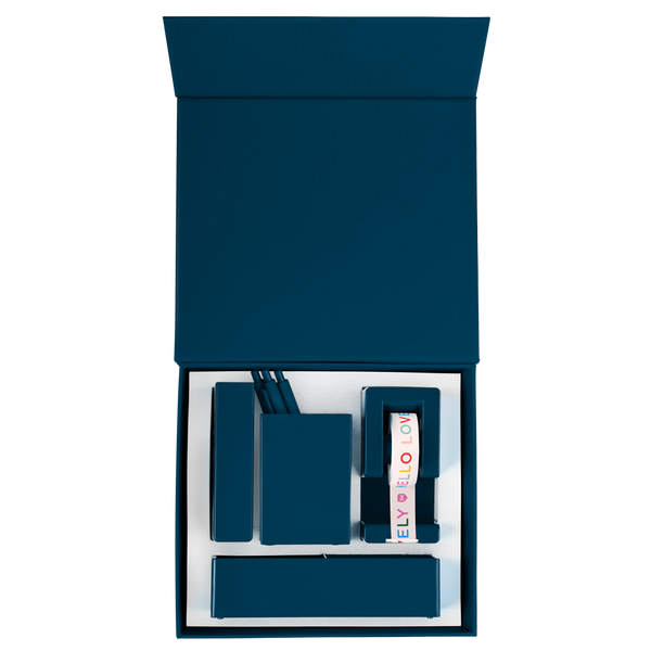 Navy Blue desk set that includes two desk organizers, a stapler, and a take dispenser.