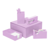 Lilac desk set including a stapler, tape dispenser, utility tray, and pen cup with three pink pens all stacked on top of a matching box.