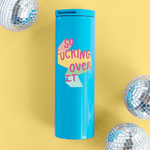 Bright Blue insulated tumbler with So Fucking Over It print with disco ball ornaments and a yellow background.