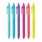 6 colorful jotter pens with different sayings