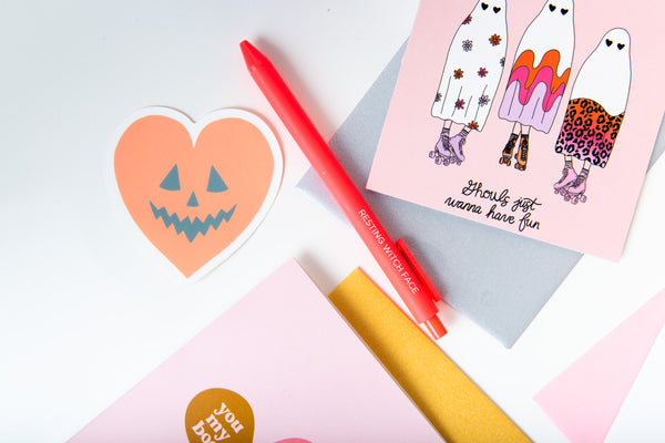 Jotter pen set of three with quotes "Resting witch face" "boo yah" "100% that witch" in pink brown and lavender purple.