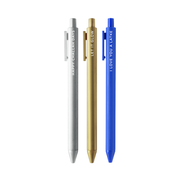 3 pack Jotter set with silver jotter with text "HAPPY CHALLAH DAYS", gold jotter with text "LET IT GLOW", and royal blue jotter with text "I LOVE YOU A LATKE"