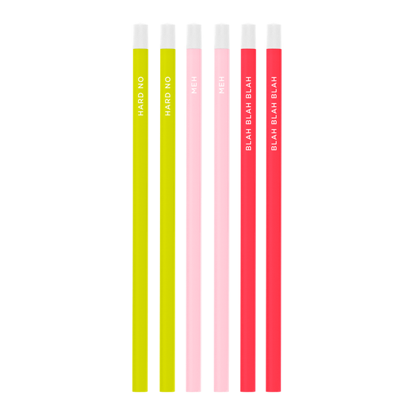 Six pack of bright and colorful pencils including neon coral, blush pink, and citron all printed with different sayings.