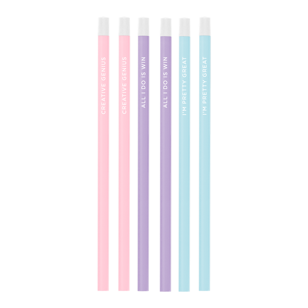 Pink, purple, and powder blue pencil set with funny words design.