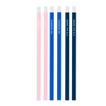 Six pack of colorful pencils in blush pink, bright blue, and navy blue with funny words.