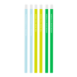 Three pack of bright and colorful pencils including powder blue, citron, and grass green all printed with different sayings.