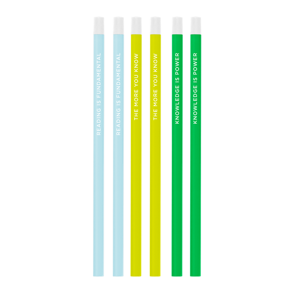 Three pack of bright and colorful pencils including powder blue, citron, and grass green all printed with different sayings.
