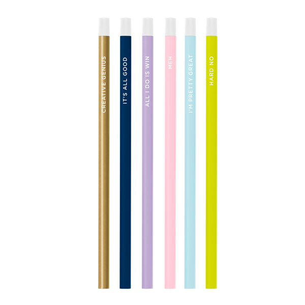 Six pack of colorful pencils including gold, pastels, and citron all printed with different sayings.. 