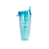 Clear plastic drink tumbler in aqua blue with matching straw and 'Chill Out' printed in pink.