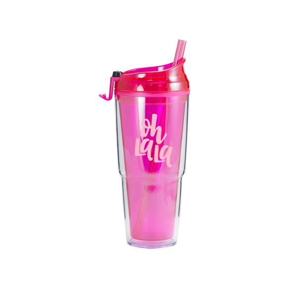 Hot Pink clear plastic tumbler with matching straw and 'oh la la' printed in pink.