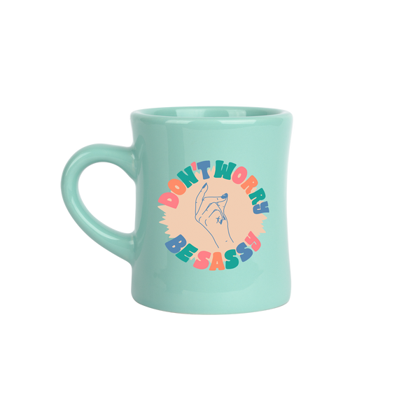 Mint color old school retro diner mug with "don't worry be sassy" with snapping fingers?id=28589296353461
