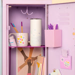 Lavender locker with mugs, pens, and 16 oz. tumbler inside