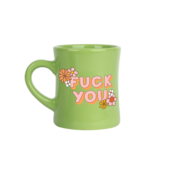 old school green diner mug with saying "fuck you" in pink with flowers?id=28589319913653
