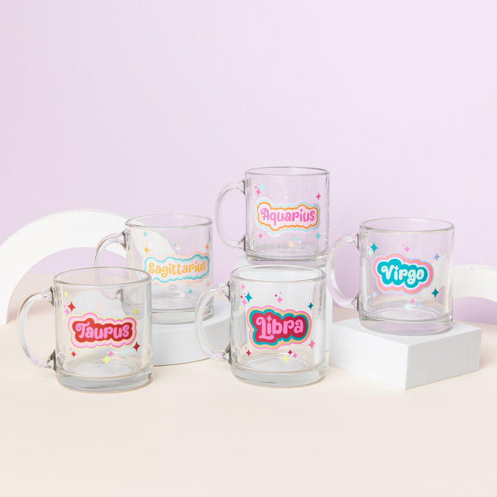 Astrology Clear Glass Mugs on pedestal - Taurus, Sagittarius, Aquarius, Libra and Virgo