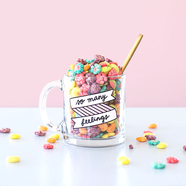 So Many Feelings Glass Mug filled with colorful cereal - Funny Coffee Mugs