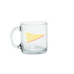 Clear glass funny coffee mug with a yellow pennant flag that reads Over It AF.